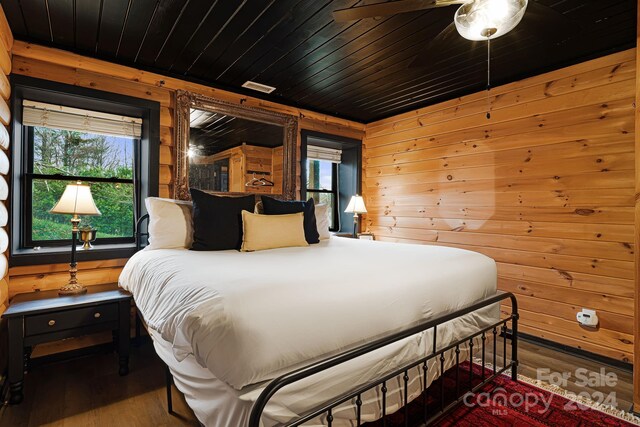 bedroom featuring hardwood / wood-style floors, wooden walls, and wood ceiling