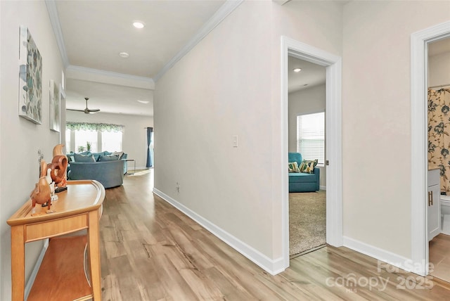 corridor with crown molding and light hardwood / wood-style flooring