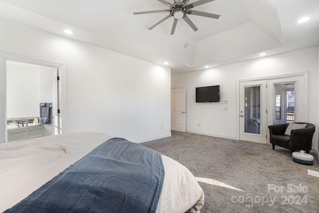 carpeted bedroom featuring access to exterior, french doors, and ceiling fan