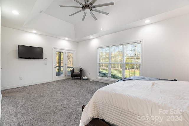 bedroom featuring access to exterior, carpet floors, and ceiling fan