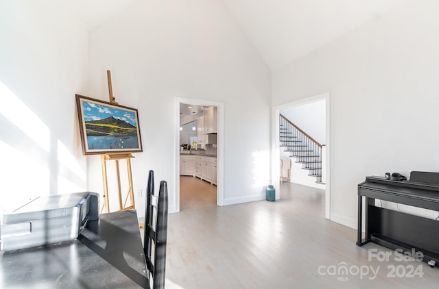 interior space featuring high vaulted ceiling and light hardwood / wood-style flooring