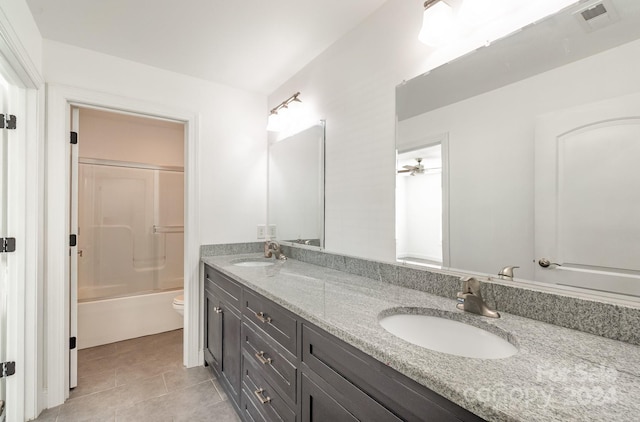 full bathroom with toilet, vanity, ceiling fan, tile patterned flooring, and washtub / shower combination