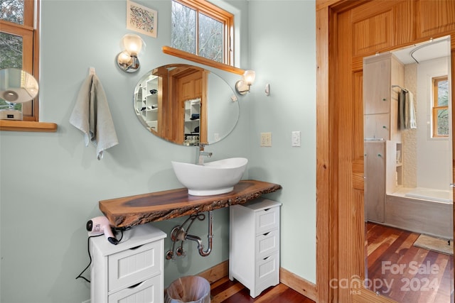 bathroom with vanity and wood-type flooring