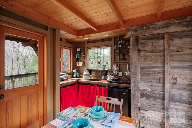 kitchen with beam ceiling and wooden ceiling