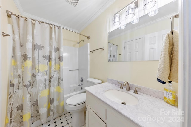 full bathroom with vanity, shower / bath combination with curtain, toilet, and crown molding