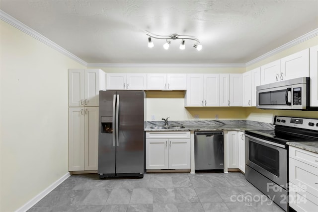 kitchen with stainless steel appliances, crown molding, sink, stone counters, and white cabinets