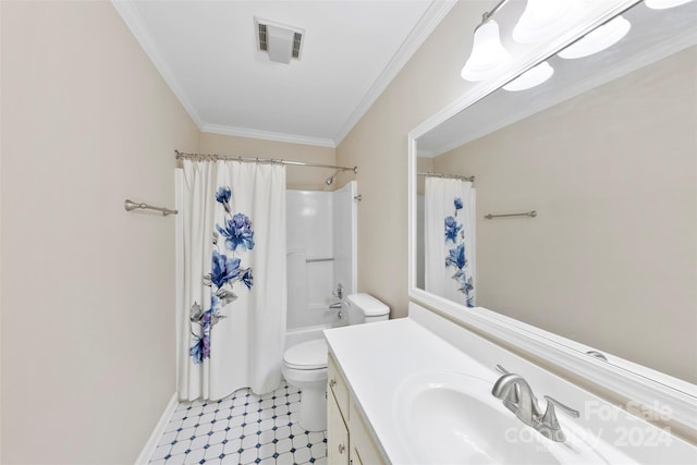 full bathroom featuring vanity, toilet, ornamental molding, and shower / tub combo