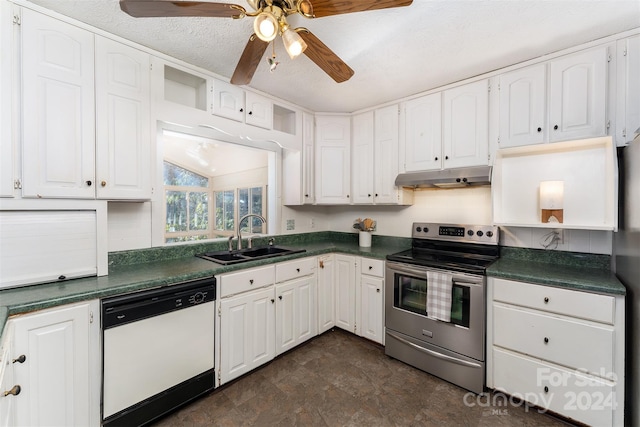 kitchen featuring white cabinetry, sink, white dishwasher, a textured ceiling, and stainless steel electric range