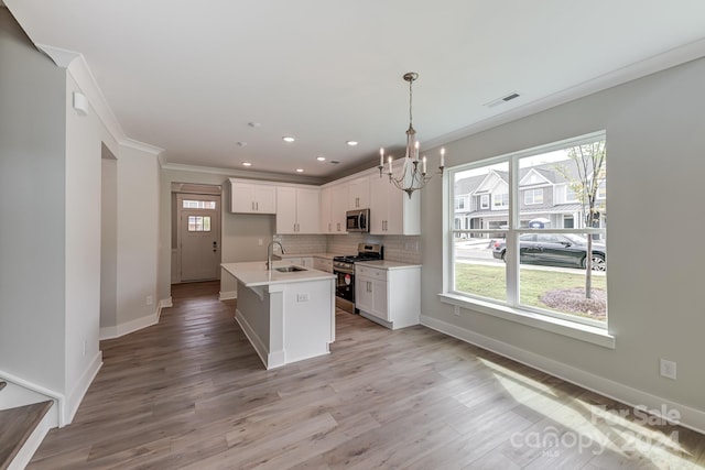 kitchen with pendant lighting, a center island with sink, sink, appliances with stainless steel finishes, and white cabinetry