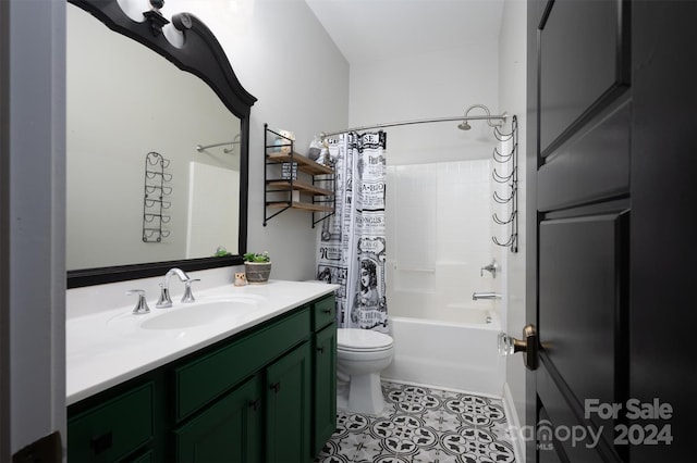 full bathroom with tile patterned flooring, shower / bath combination with curtain, toilet, and vanity