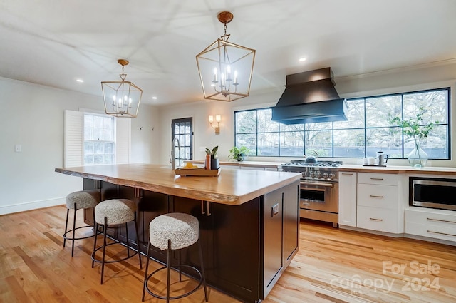 kitchen featuring white cabinetry, a center island, stainless steel appliances, premium range hood, and light wood-type flooring