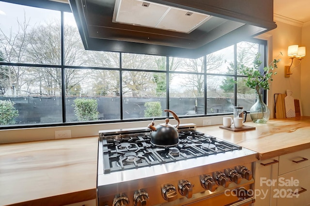 kitchen with ventilation hood, wood counters, crown molding, and stainless steel gas cooktop