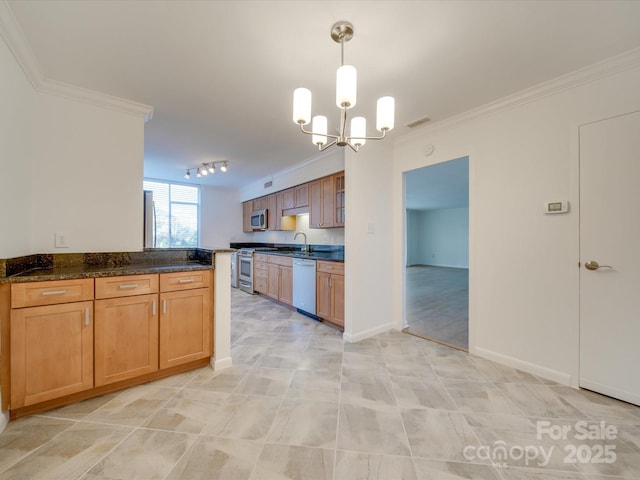 kitchen with hanging light fixtures, brown cabinetry, ornamental molding, and stainless steel appliances