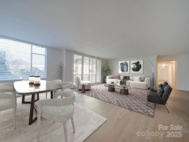 living room with expansive windows and light wood finished floors