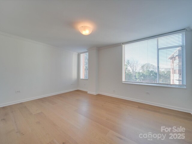 spare room featuring light wood-type flooring, crown molding, and baseboards