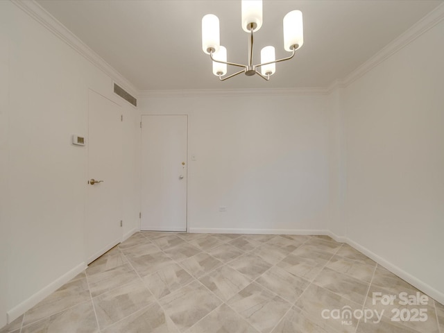 empty room with visible vents, crown molding, a notable chandelier, and baseboards