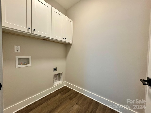 washroom with cabinets, washer hookup, dark hardwood / wood-style floors, and hookup for an electric dryer