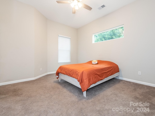 bedroom featuring carpet and ceiling fan