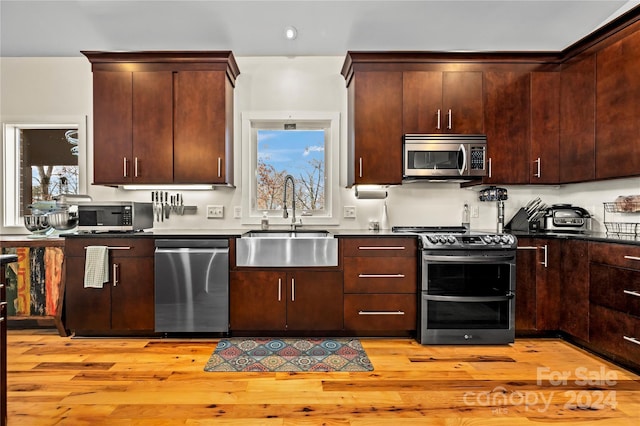 kitchen with light wood-type flooring, stainless steel appliances, dark brown cabinetry, and sink