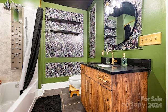 full bathroom with toilet, vanity, tile patterned floors, and shower / bathtub combination with curtain