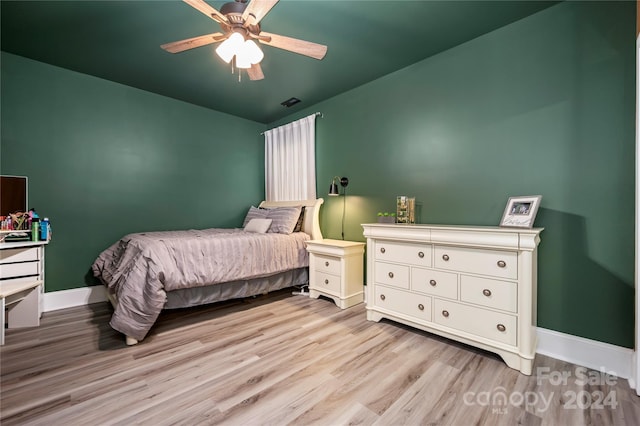 bedroom featuring ceiling fan and light wood-type flooring