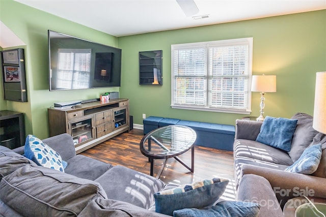 living room featuring dark wood-type flooring