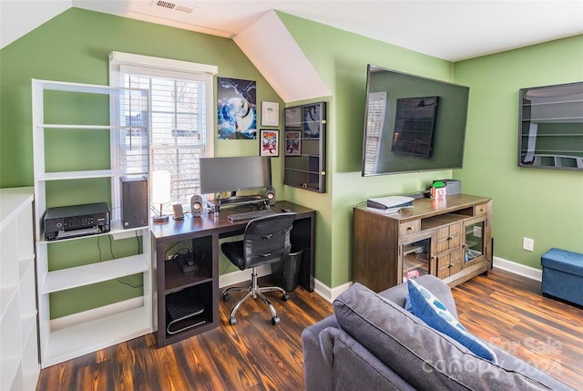 office featuring dark hardwood / wood-style floors and lofted ceiling