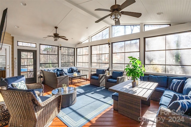 sunroom / solarium with vaulted ceiling with beams and ceiling fan