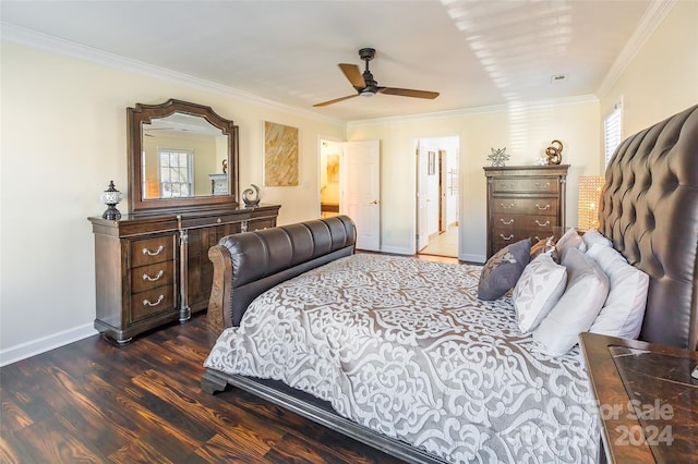 bedroom with multiple windows, dark hardwood / wood-style flooring, ceiling fan, and ornamental molding