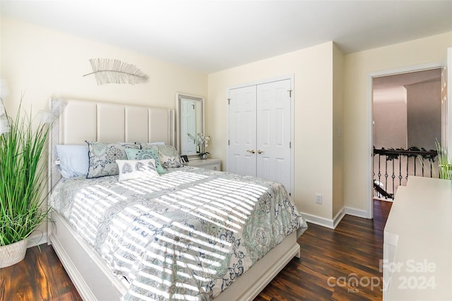 bedroom with dark hardwood / wood-style floors and a closet