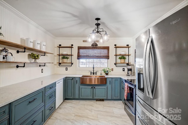 kitchen with blue cabinetry, sink, pendant lighting, appliances with stainless steel finishes, and ornamental molding