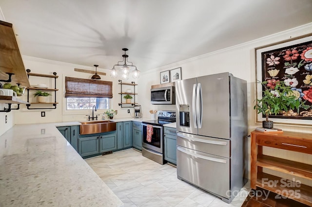 kitchen with pendant lighting, sink, light stone countertops, blue cabinetry, and appliances with stainless steel finishes