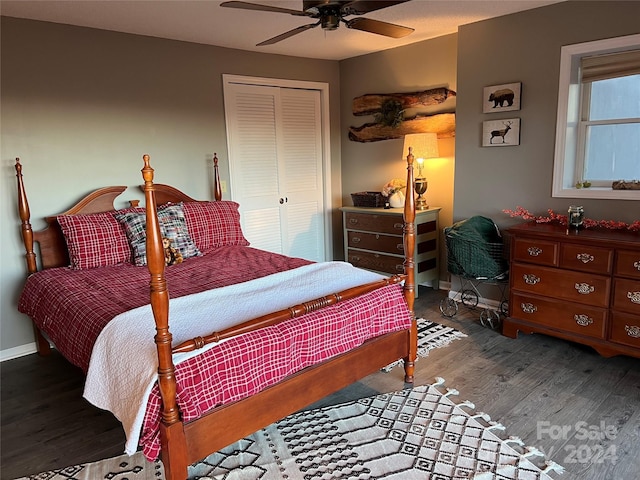 bedroom with ceiling fan, a closet, and hardwood / wood-style flooring