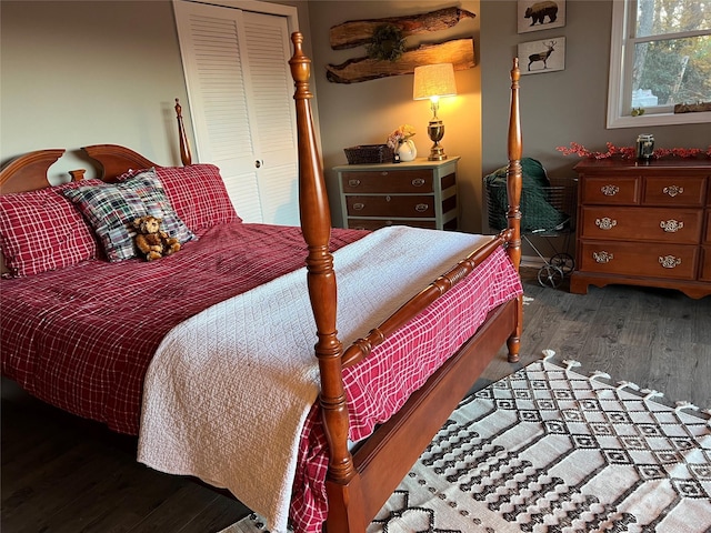 bedroom with a closet and dark hardwood / wood-style floors