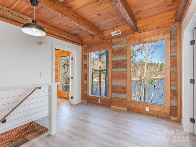 interior space with light hardwood / wood-style floors, wood ceiling, beam ceiling, and a wealth of natural light