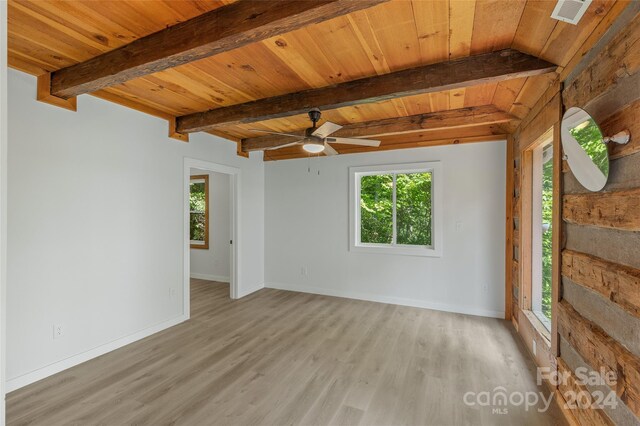 1679 Woods Mountain Trl, Cullowhee, NC 28723 - spare room featuring a wooden ceiling with exposed beams, plenty of natural light, light wood-style floors, and a ceiling fan