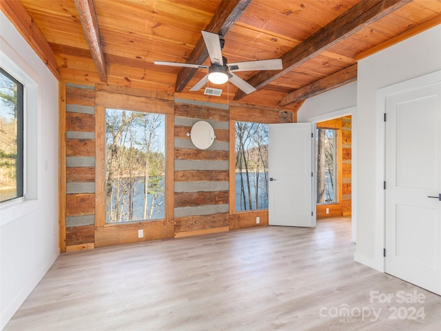 spare room with ceiling fan, beam ceiling, wood ceiling, and light hardwood / wood-style flooring