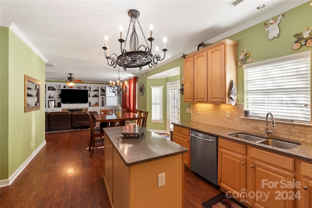 kitchen featuring a center island, dark wood-type flooring, ceiling fan with notable chandelier, sink, and stainless steel dishwasher