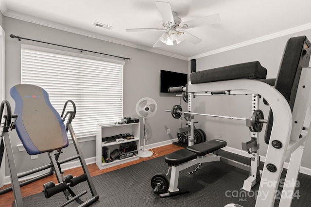 exercise room with hardwood / wood-style floors, ceiling fan, and ornamental molding