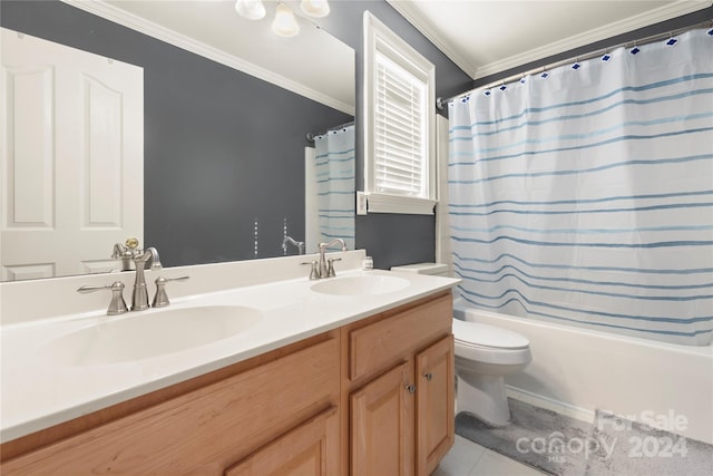 full bathroom featuring vanity, crown molding, shower / bathtub combination with curtain, tile patterned flooring, and toilet