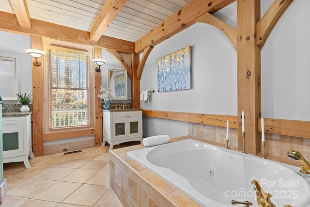 bathroom featuring tile patterned floors, wood ceiling, vanity, tiled tub, and beam ceiling