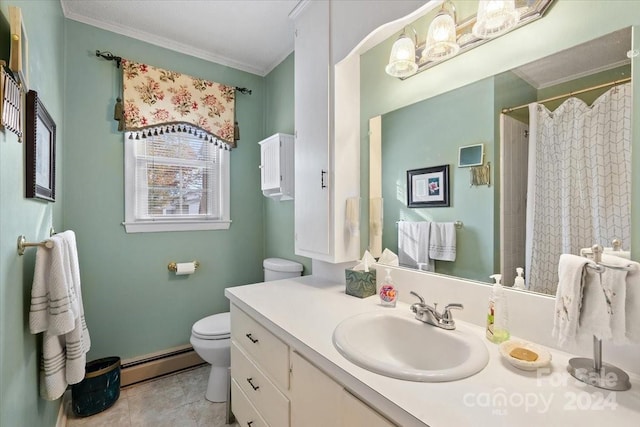 bathroom with toilet, tile patterned flooring, crown molding, and a baseboard heating unit