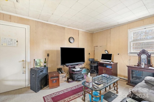 living room featuring light carpet, ornamental molding, and wood walls