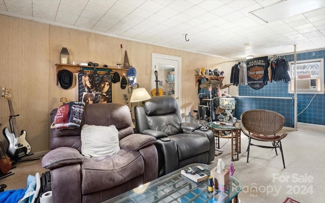 living room with carpet, cooling unit, and crown molding