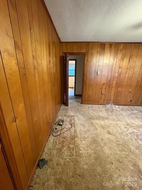 empty room with a textured ceiling and wood walls