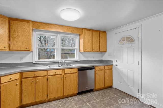 kitchen with sink, stainless steel dishwasher, and tile patterned flooring