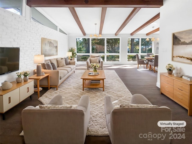 sunroom / solarium featuring lofted ceiling with beams and a notable chandelier