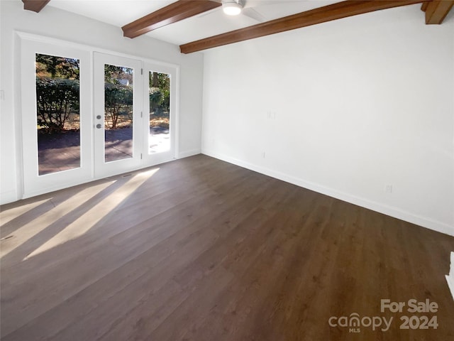 unfurnished room with beam ceiling, ceiling fan, french doors, and dark hardwood / wood-style floors