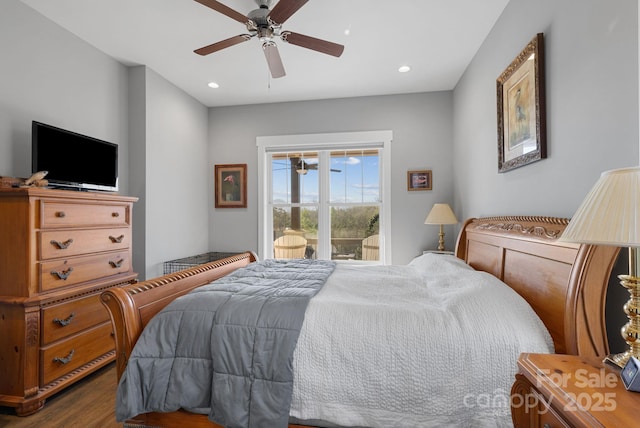 bedroom featuring access to outside, ceiling fan, dark wood-type flooring, and recessed lighting