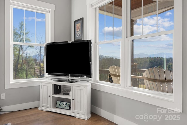 living area featuring baseboards and wood finished floors